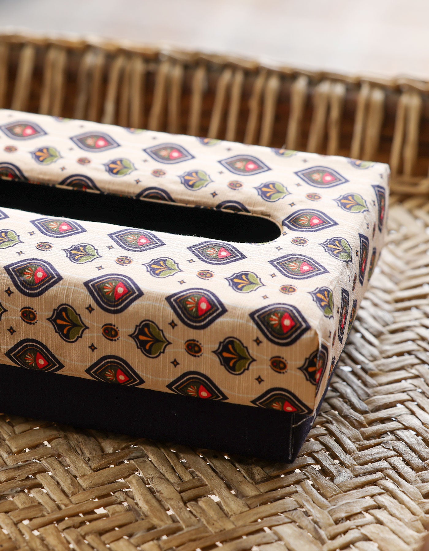 Beige Geometric Floral Fabric Tissue Box Cover – Diamond Leaf & Red Flower Pattern