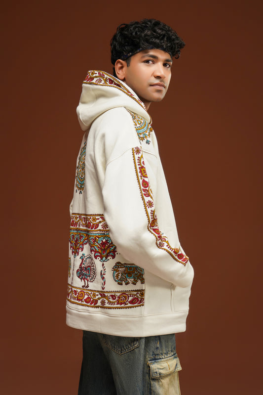Hand Block print hoodie White