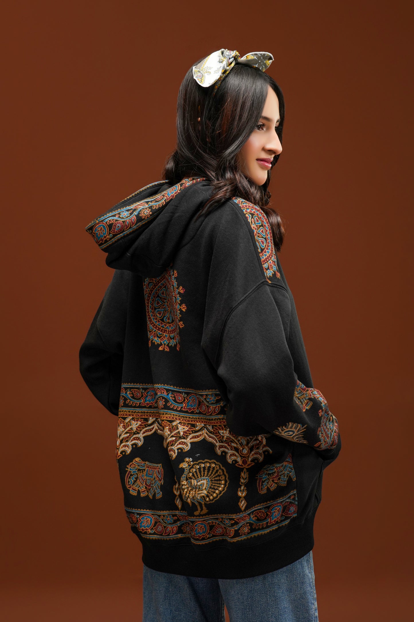 Hand Block print hoodie black