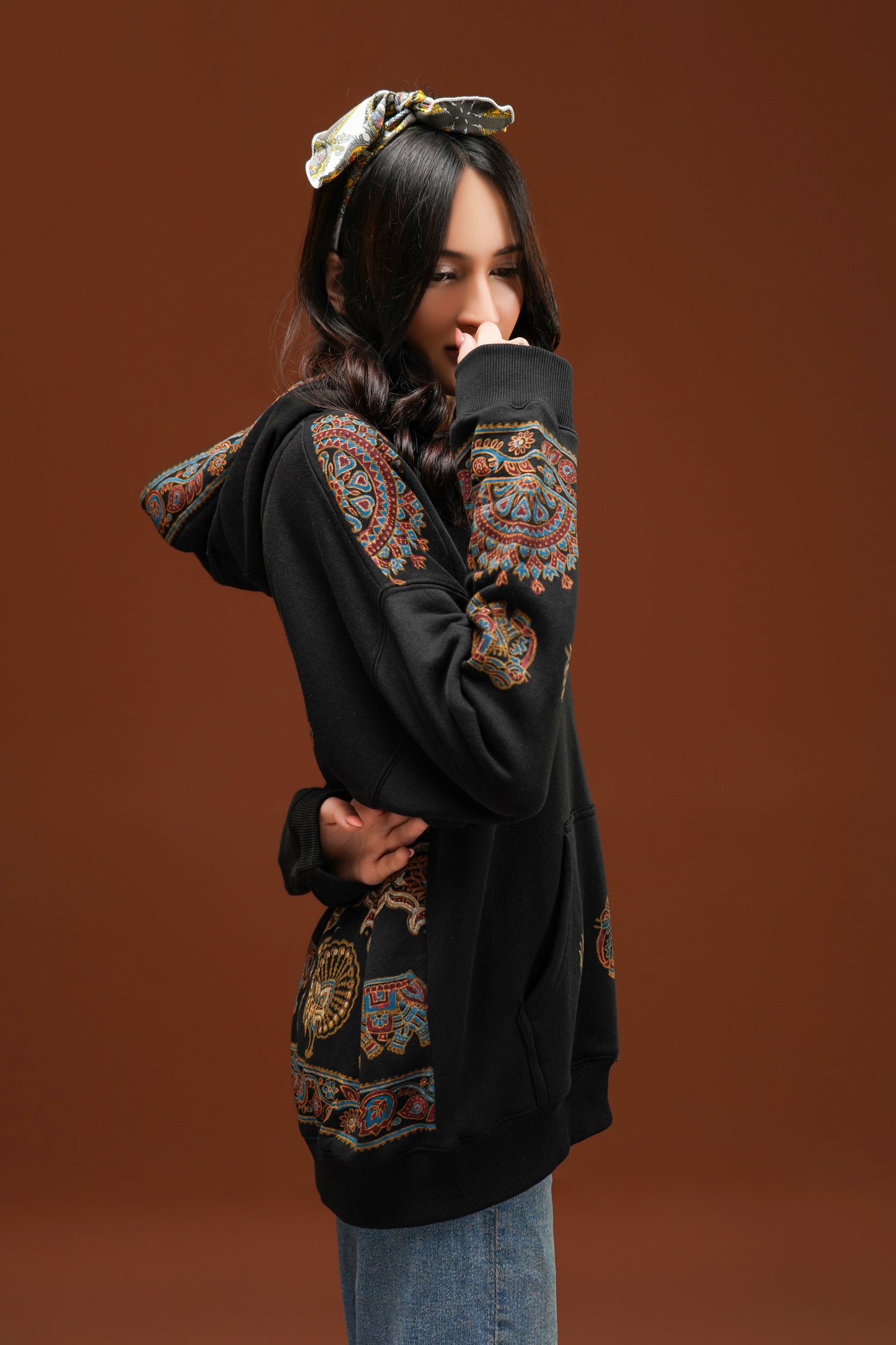 Hand Block print hoodie black