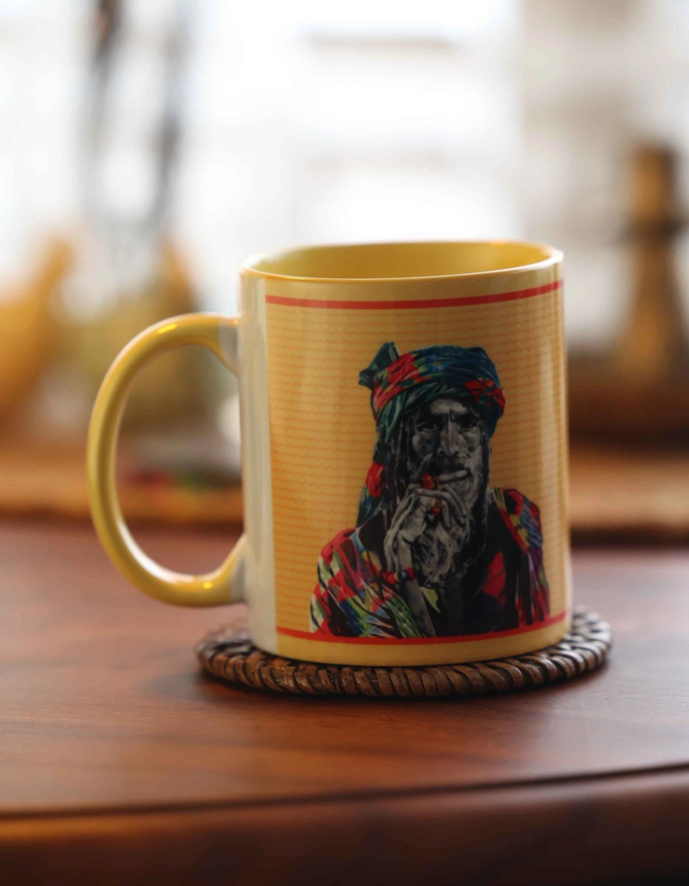 Karak Da Kharrak yellow ceramic mug with Baba portrait desi art