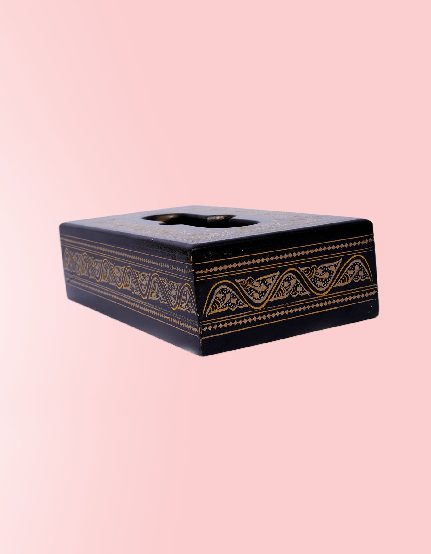 Golden Handmade Lacquer Tissue Box Cover – Wooden Hand-Painted Home Décor