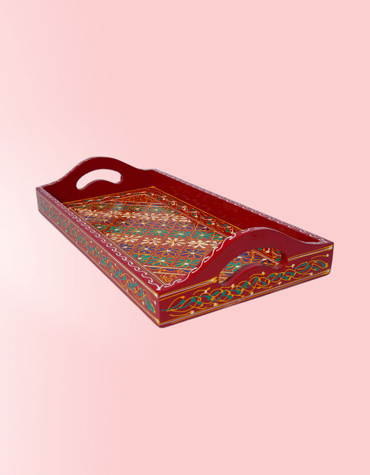 Kashmiri Long Tray – Handcrafted Red Truck Art Artisan Serving Tray | Masttees