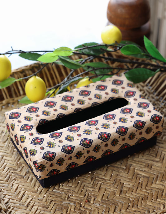 Beige Geometric Floral Fabric Tissue Box Cover – Diamond Leaf & Red Flower Pattern