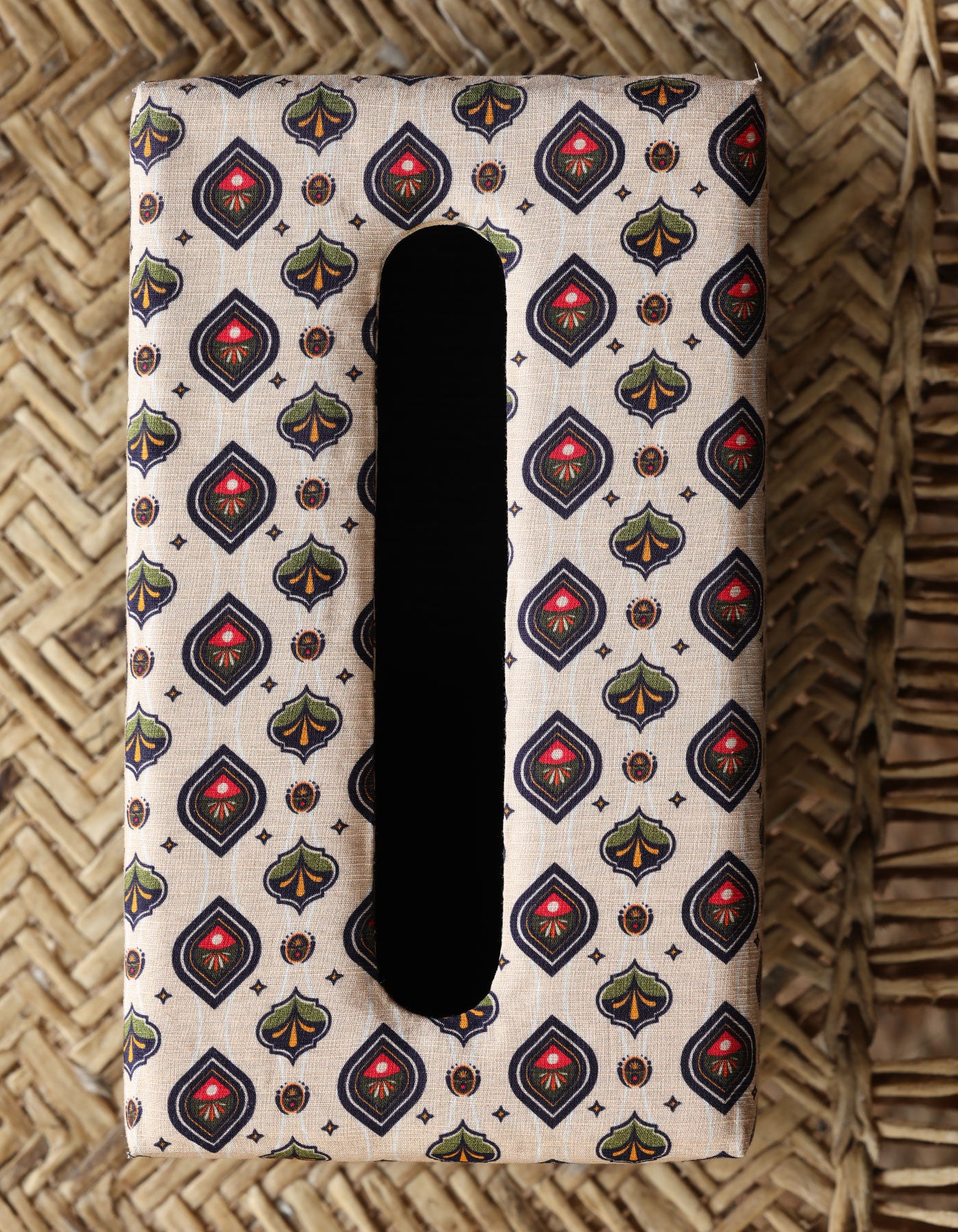Beige Geometric Floral Fabric Tissue Box Cover – Diamond Leaf & Red Flower Pattern