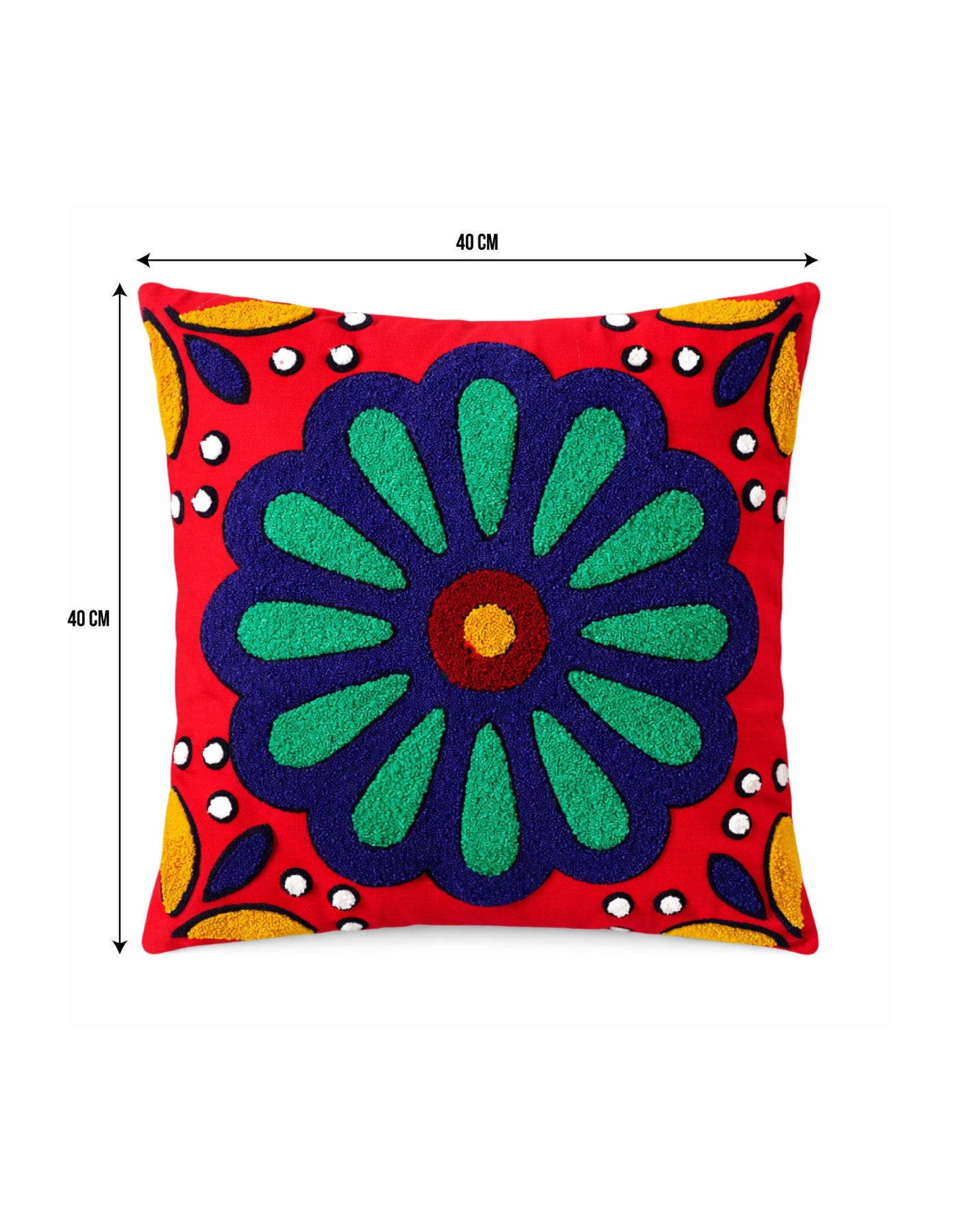 Decorative pillow with a colorful flower design on a red background, shown with dimensions.