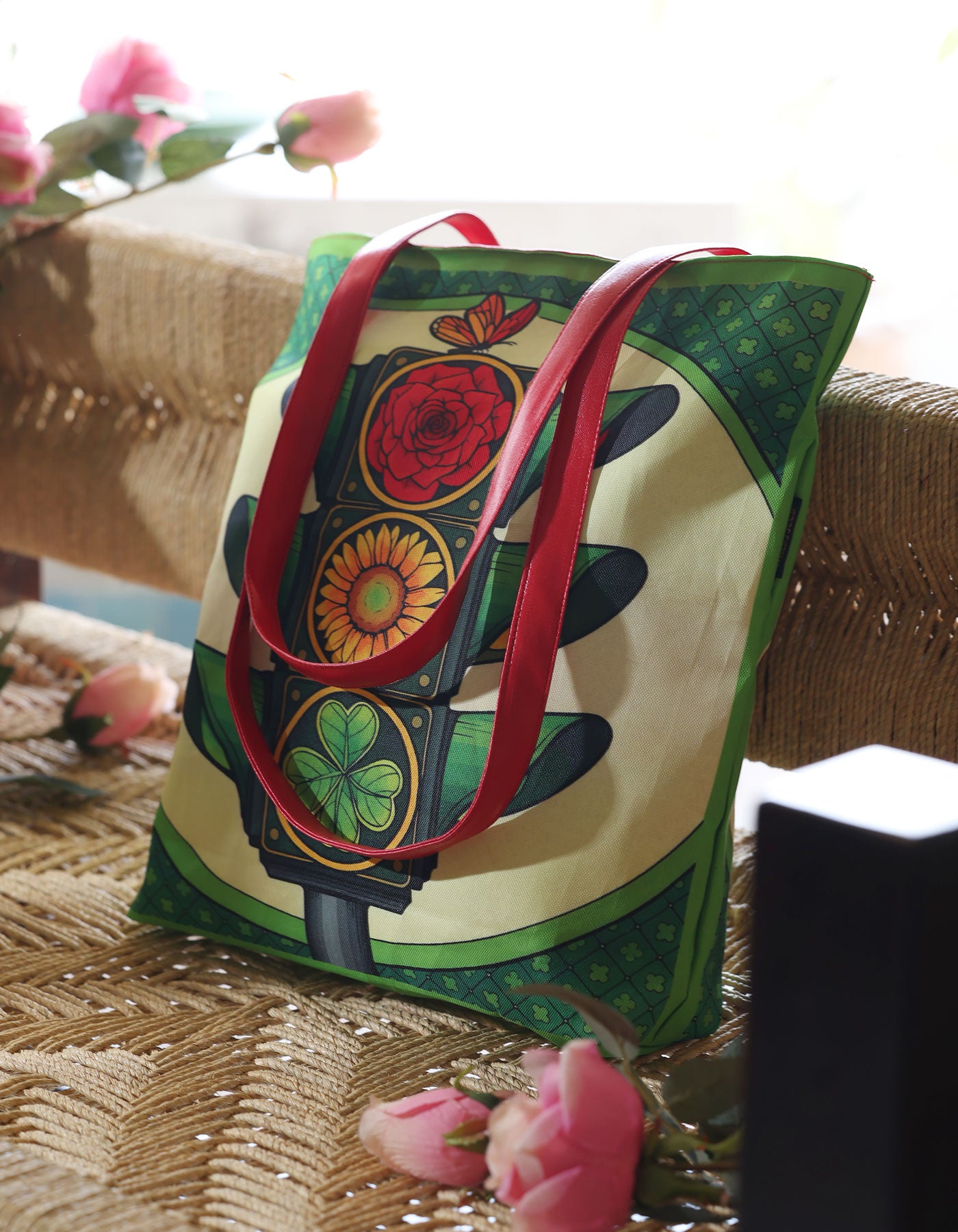 Colorful bag with floral design on a textured surface