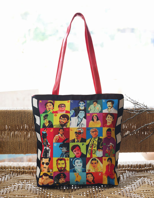 Tote bag with colorful portrait pattern on a woven surface
