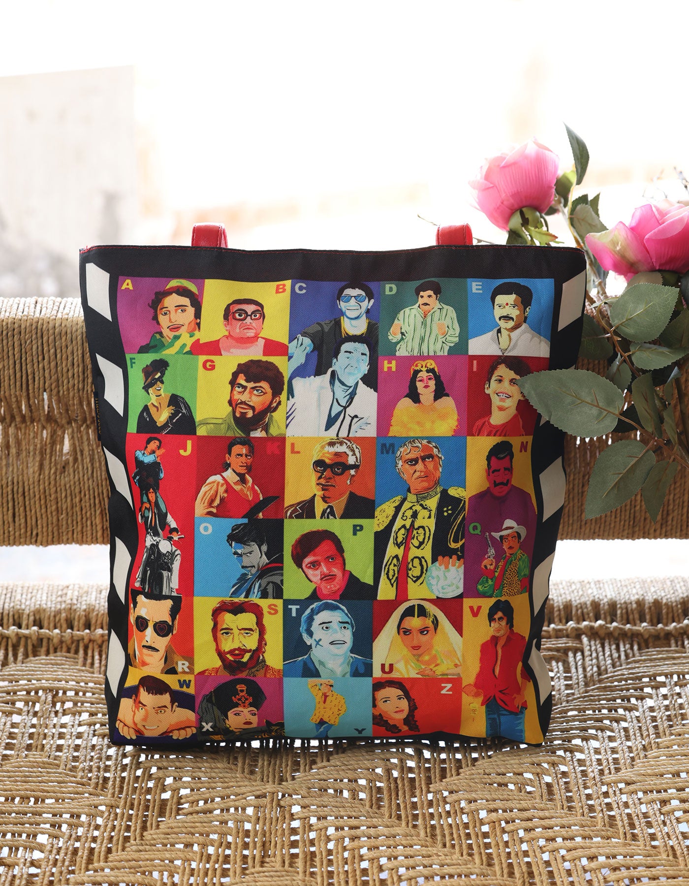 Colorful tote bag with portrait pattern on a woven surface