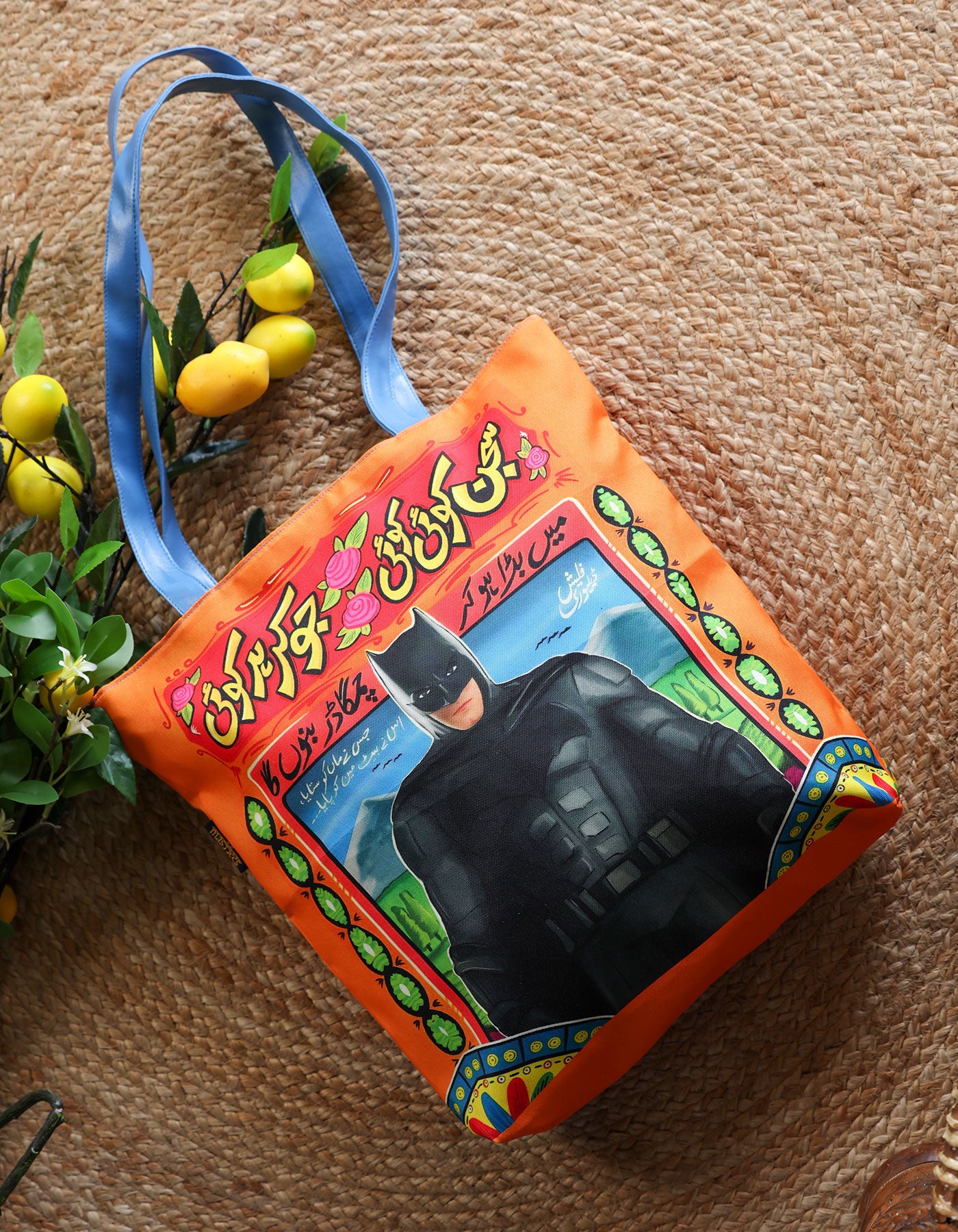 Colorful bag with a graphic of a horse and text on a textured surface