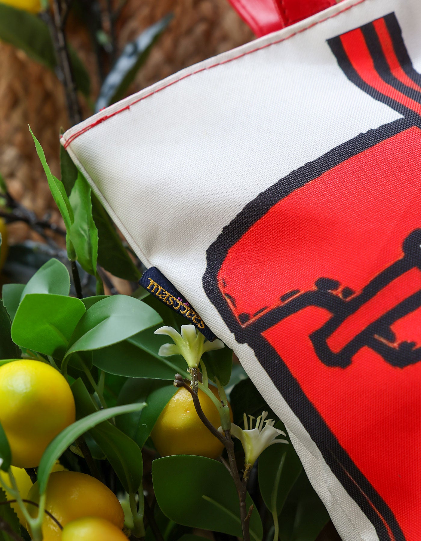 Red and white pillow with black design on a plant background