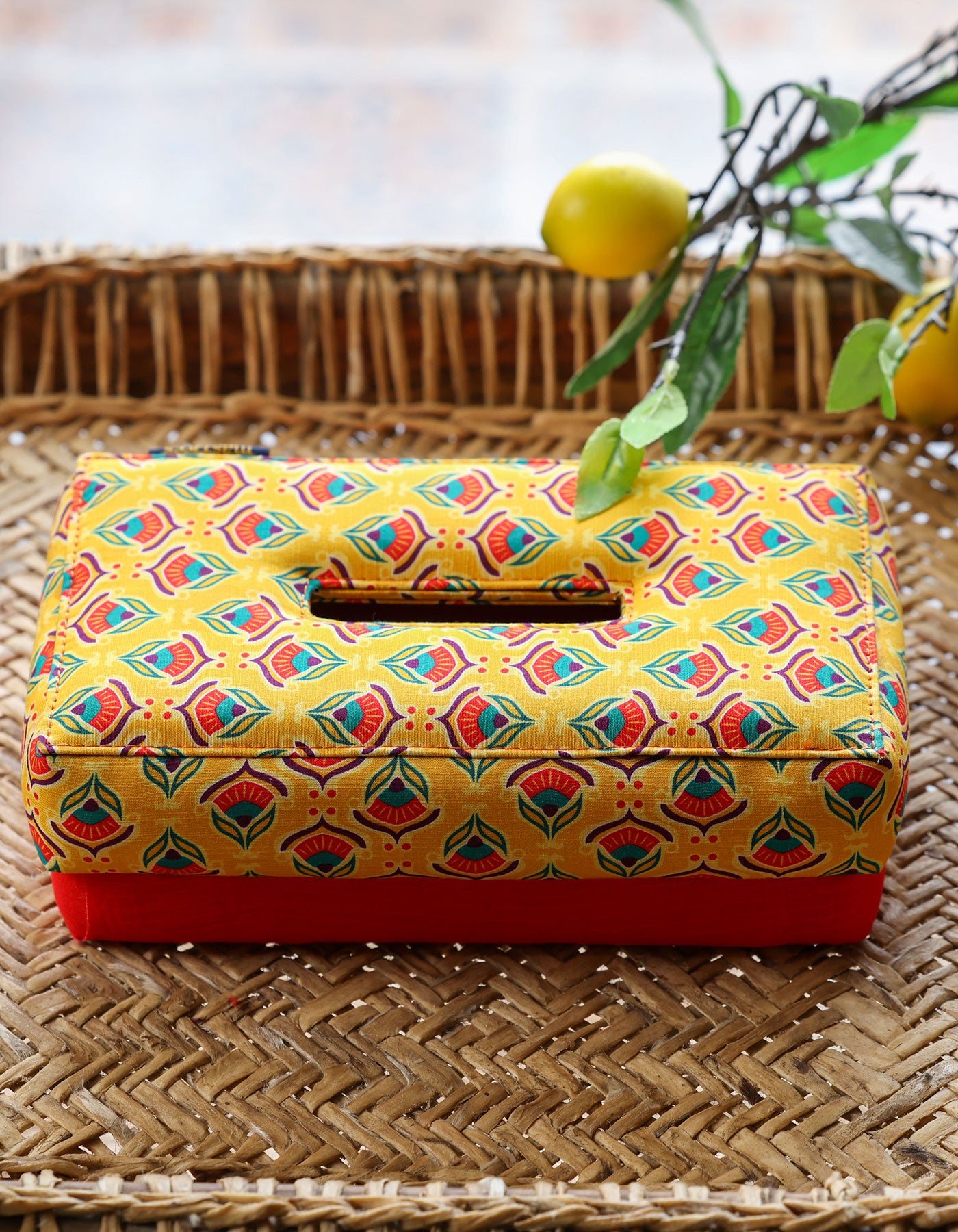 Yellow Floral Fabric Tissue Box Cover – Red, Green & Blue Folk Art Design
