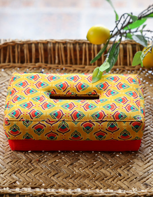 Yellow Floral Fabric Tissue Box Cover – Red, Green & Blue Folk Art Design