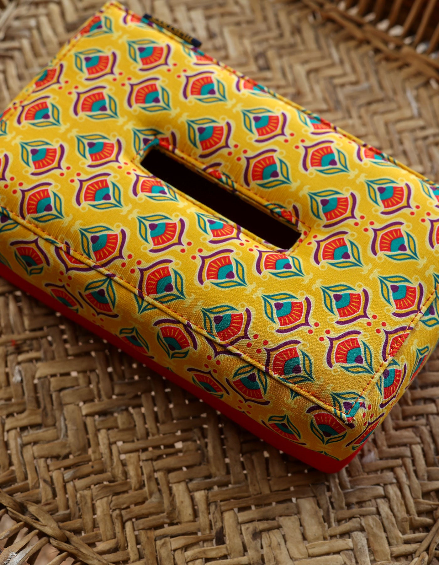 Yellow Floral Fabric Tissue Box Cover – Red, Green & Blue Folk Art Design