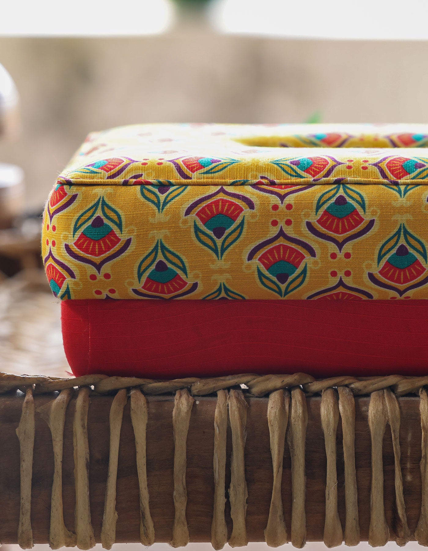 Yellow Floral Fabric Tissue Box Cover – Red, Green & Blue Folk Art Design
