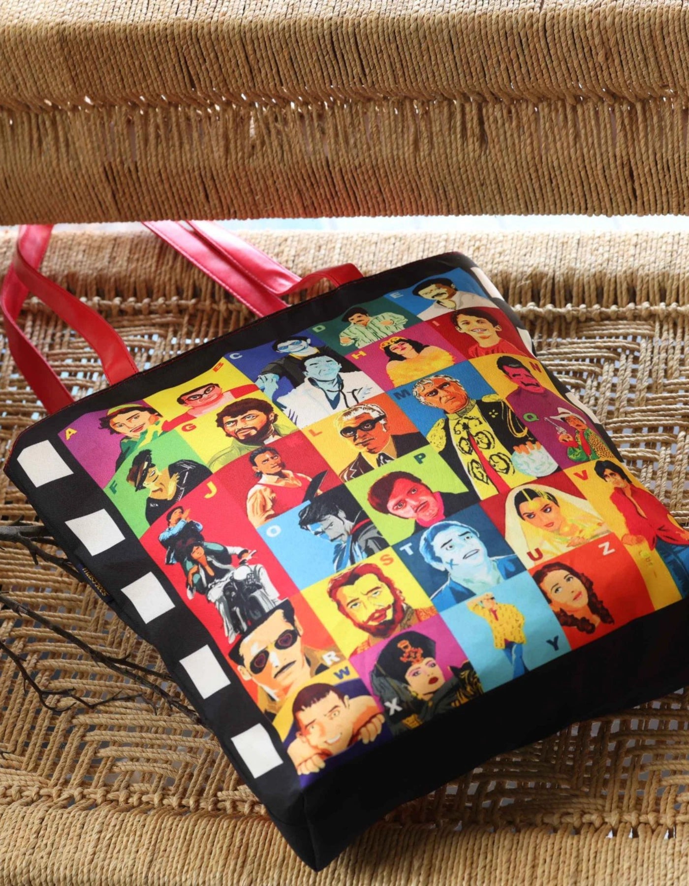 Colorful bag with character pattern on a woven surface