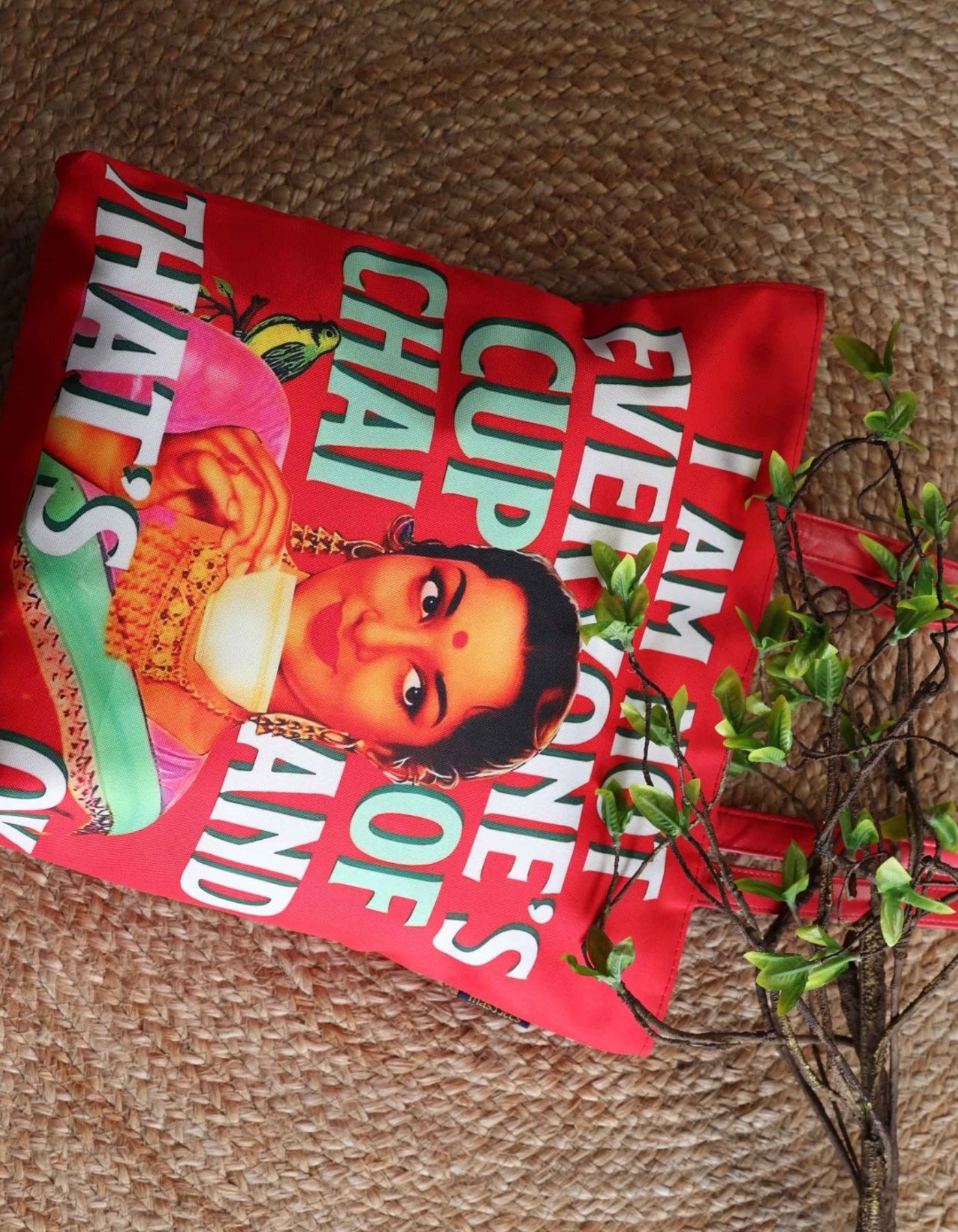 Red pillow with a graphic design featuring text and a portrait on a textured surface.