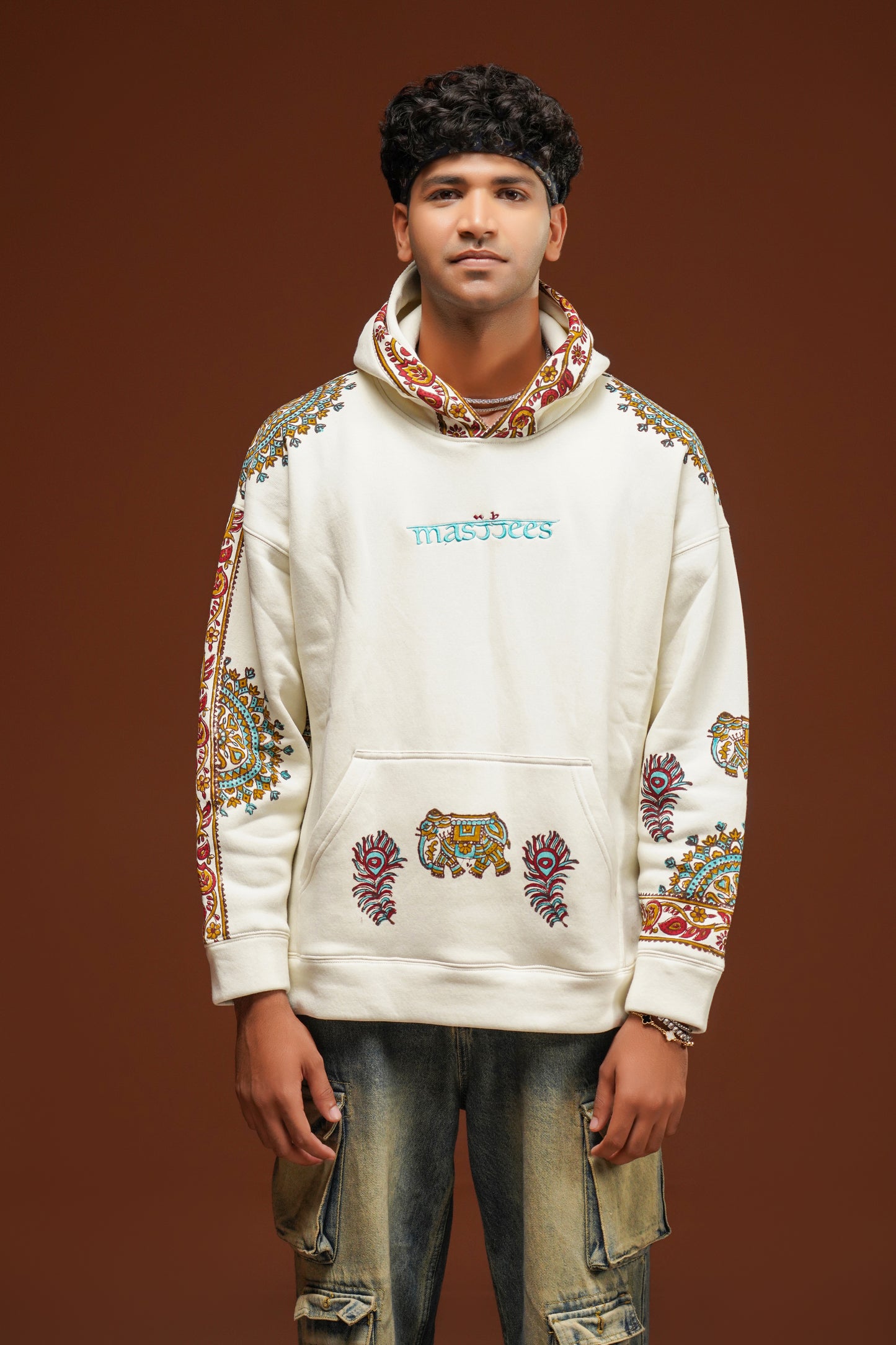 Hand Block print hoodie White