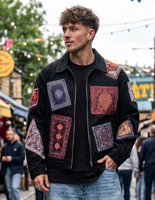 Man wearing a black jacket with colorful patch designs in an urban setting