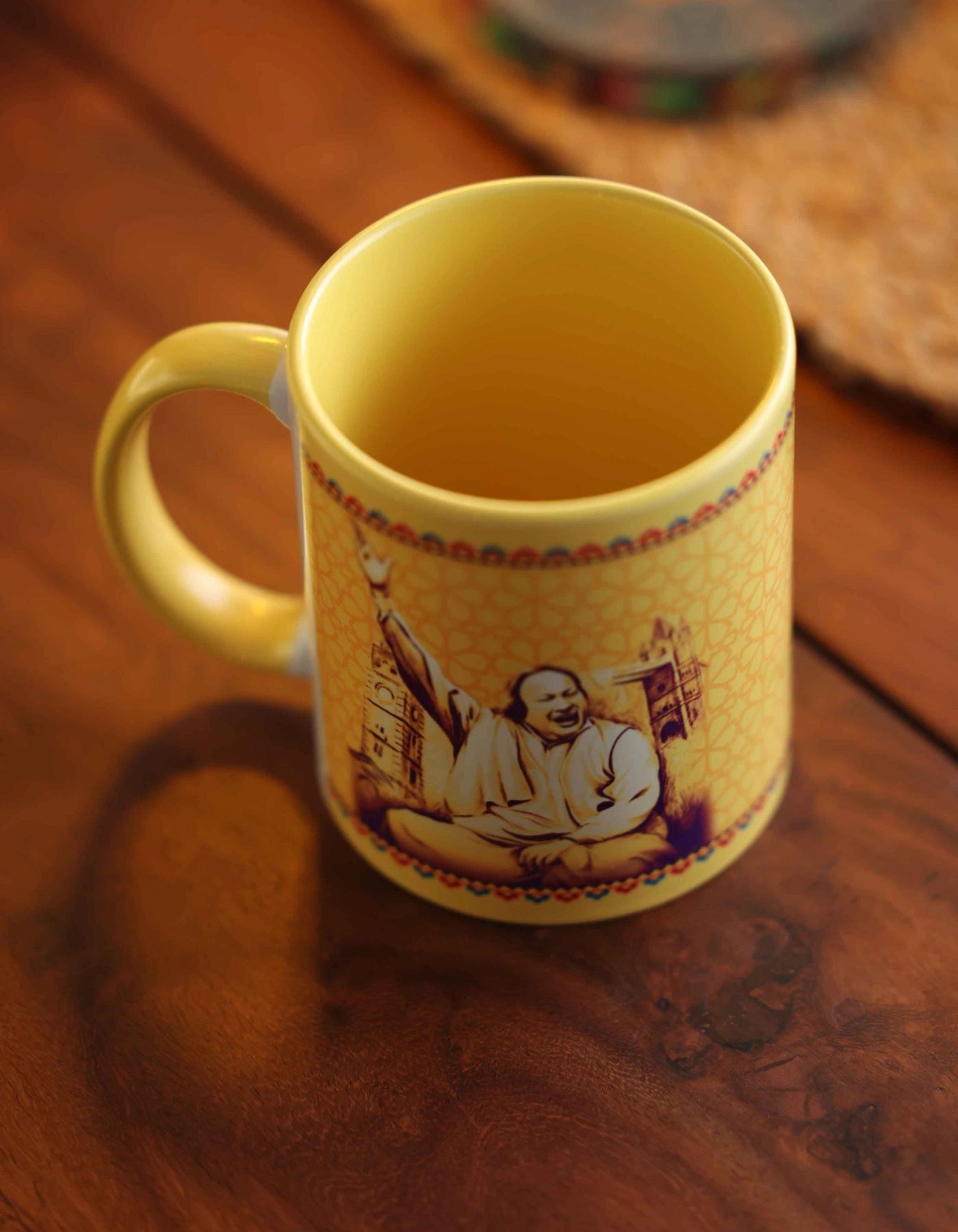 Nusrat Fateh Ali Khan yellow ceramic mug with desi art portrait – Masttees x Naanstaap
