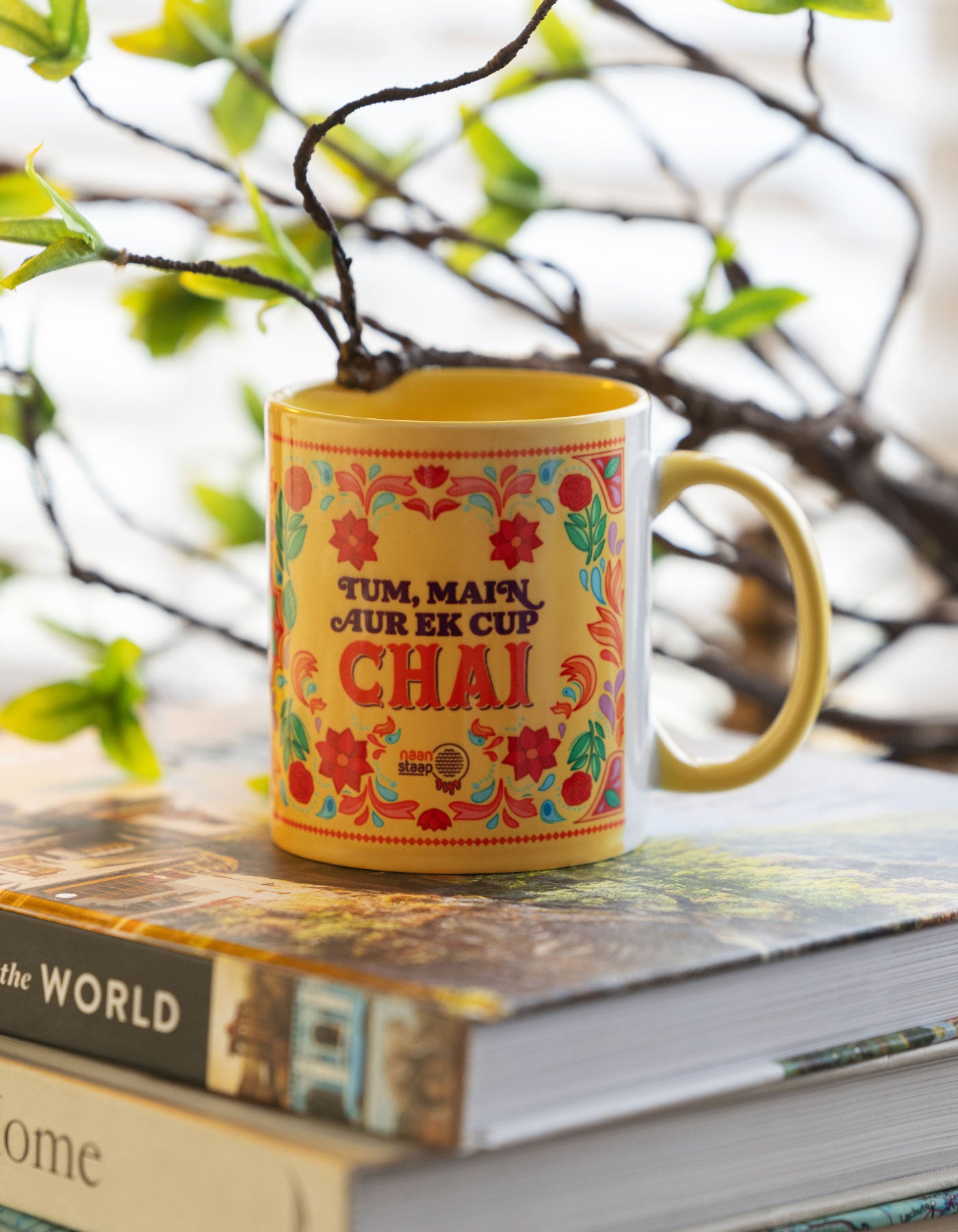 tum, mei,  aur aik cup chai in english text with desi design mug