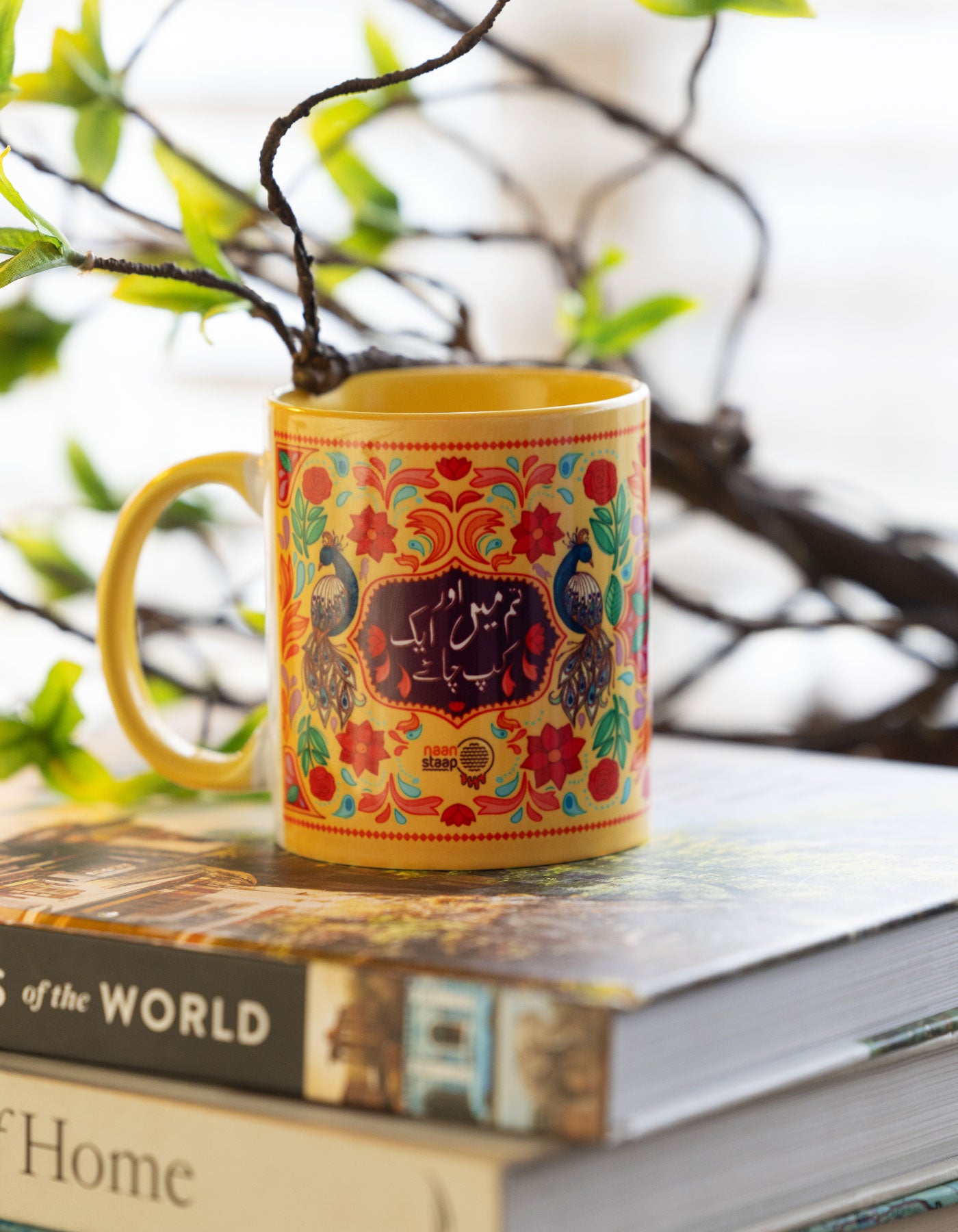 tum, mei,  aur aik cup chai in urdu text with desi design mug