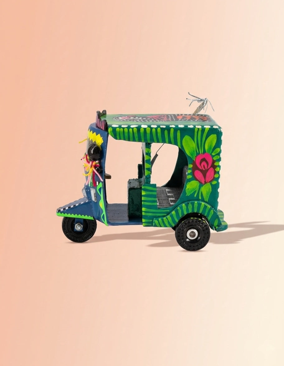 Mastana Rickshaw – Handmade Decorative Green Rickshaw Figurine with Parrot Motif | Masttees